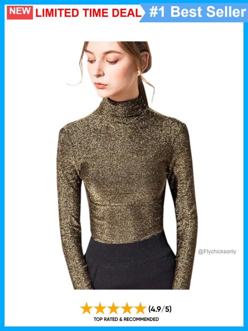 Slim Fit Long Sleeve Turtleneck Glitter Tee Sparkly Party Top